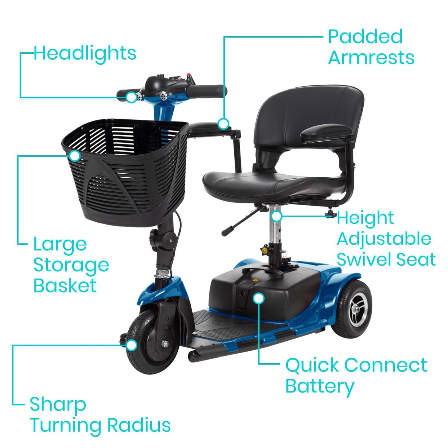 Vive 3 Wheel Mobility Scooter - Electric Long Range Powered Wheelchair